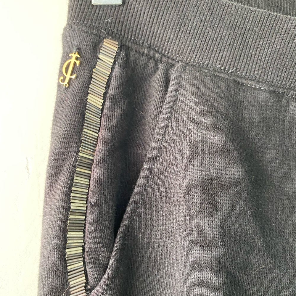 Juicy Couture Black Cotton Joggers Metallic Beaded Side Stripe Trim Charm M - Picture 5 of 8